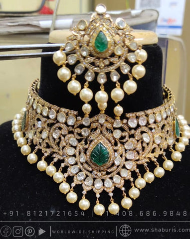 Victorian diamond necklace polki necklace emeralds bridal diamond necklace indian jewelry designs silver jewelry wedding jewelry - SHABURIS
