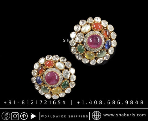 Navaratan studs navaratan earrings rubies emeralds bridal diamond necklace indian jewelry designs silver jewelry wedding jewelry - SHABURIS