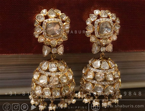 polki jhumka,polki diamond jewelry in silver,big studs,indian jewelry,statement jewelry-SHABURIS