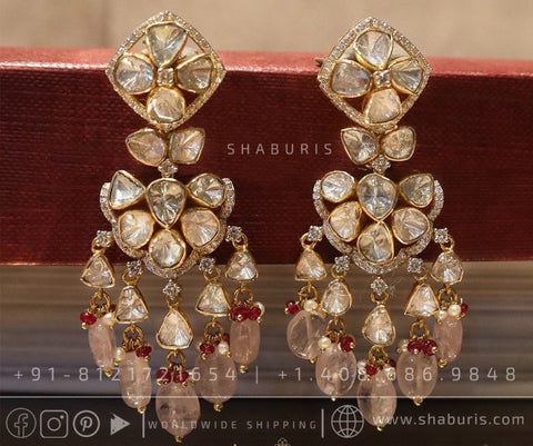 Morganites,polki jhumka,polki diamond jewelry in silver,big studs,indian jewelry,statement jewelry-SHABURIS
