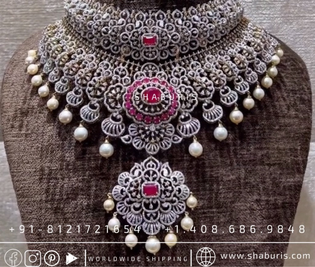 Diamond choker diamond necklace rubies emeralds bridal diamond necklace indian jewelry designs silver jewelry wedding jewelry - SHABURIS