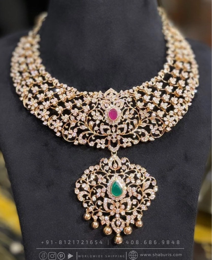 Diamond necklace closed open setting emeralds bridal diamond necklace indian jewelry designs silver jewelry wedding jewelry SHABURIS