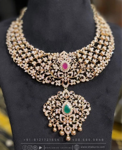 Diamond necklace closed  open setting emeralds bridal diamond necklace indian jewelry designs silver jewelry wedding jewelry - SHABURIS