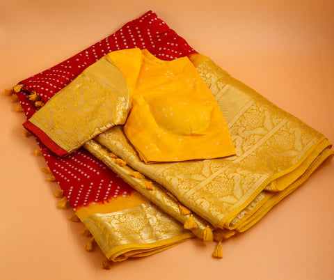 Kanchi Bandhini Saree Mehendi Saree Fusion saree Wedding saree Sangeet Saree Haldi Saree Maggam Work Blouse - Ready to Ship Saree