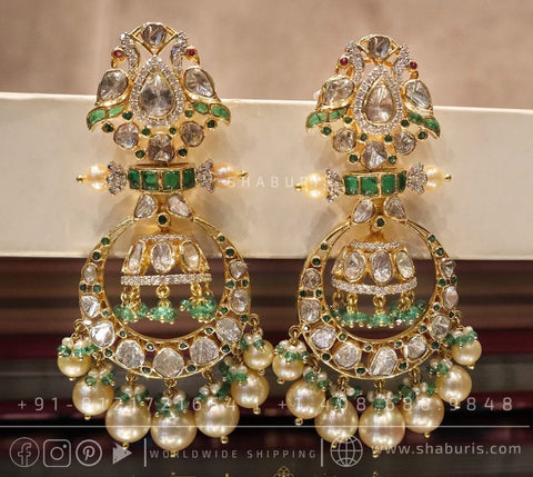 Polki Jhumka Diamond Earrings Swarovski Diamond Pendant Emerald Gem Stone Silver Jewelry Statement Jewelry Indian Jewelry Designs - SHABURIS
