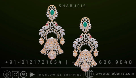 Diamond Jhumka Swarovski Diamond Pendant Emerald Gem Stone Silver Jewelry Statement Jewelry Indian Jewelry Designs - SHABURIS