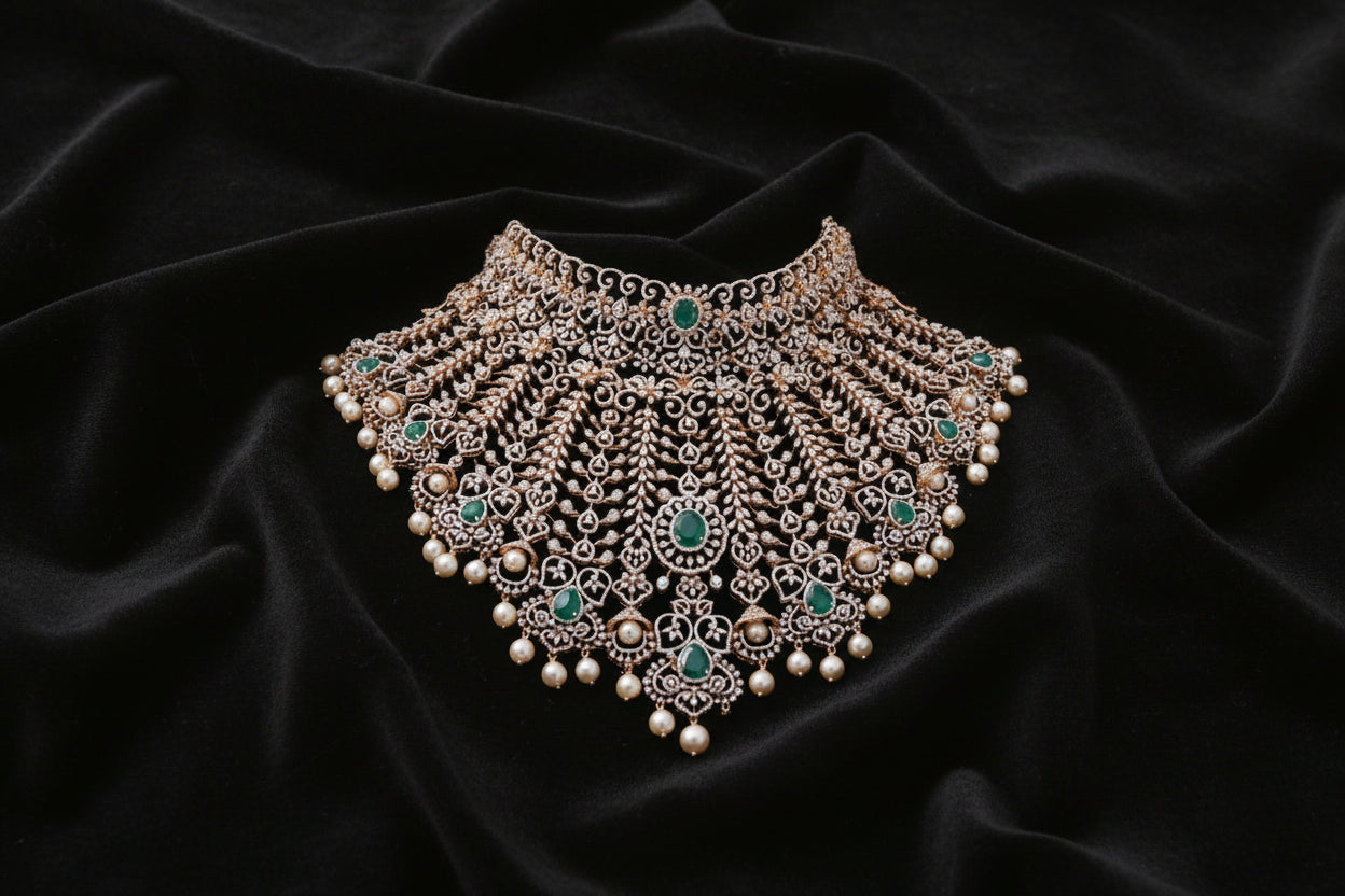 Bridal diamond Necklace Swarovski Diamond Pendant Emerald Gem Stone Silver Jewelry Statement Jewelry Indian Jewelry Designs - SHABURIS