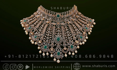 Bridal diamond Necklace Swarovski Diamond Pendant Emerald Gem Stone Silver Jewelry Statement Jewelry Indian Jewelry Designs - SHABURIS