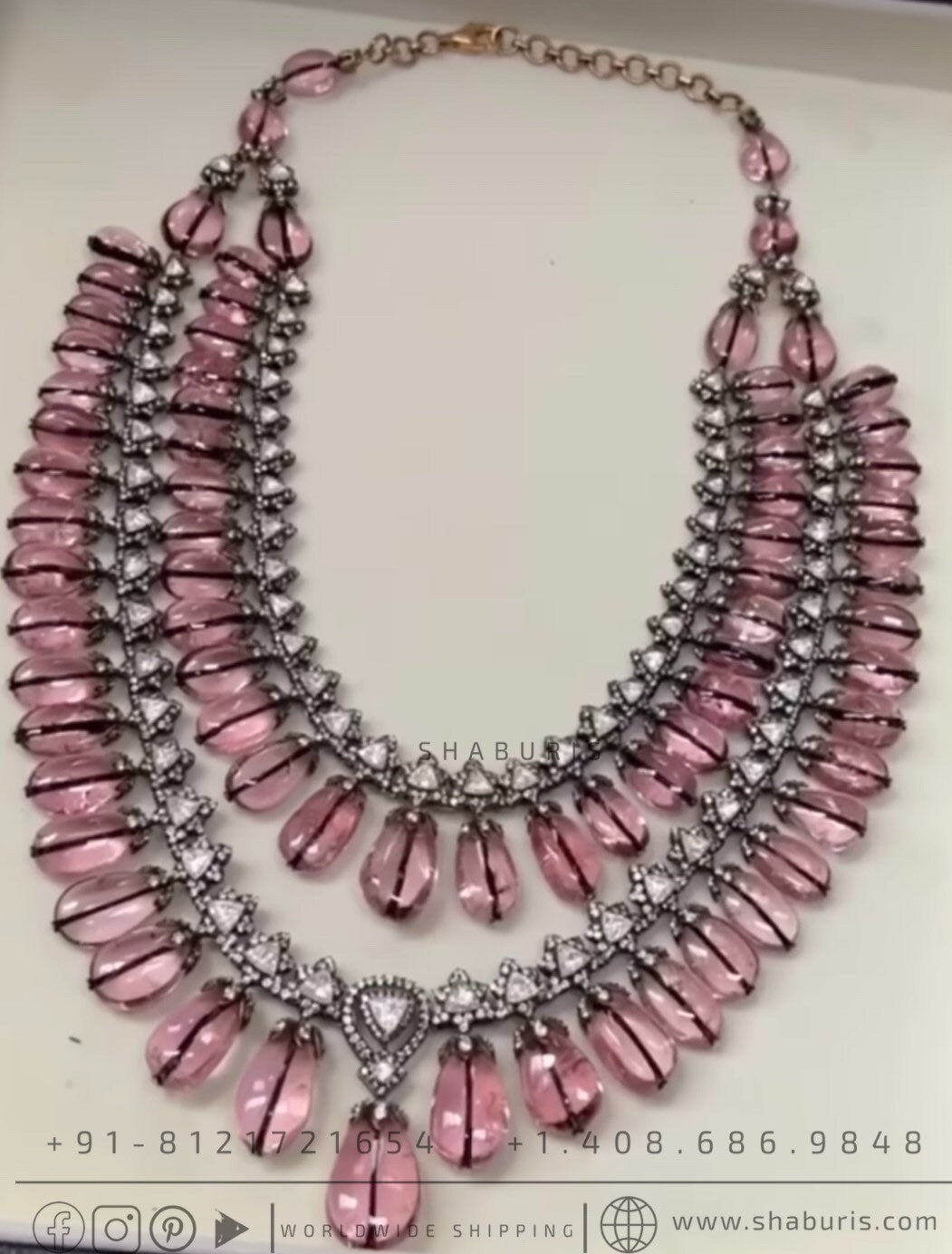 Burmese pink tourmaline and swarovski diamonds victorian diamond necklace made in silver from house of SHABURIS