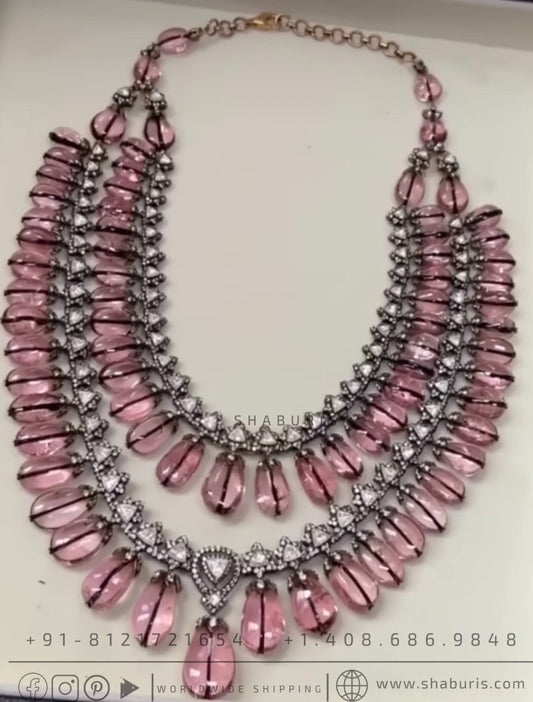 Burmese pink tourmaline and swarovski diamonds victorian diamond necklace made in silver from house of SHABURIS