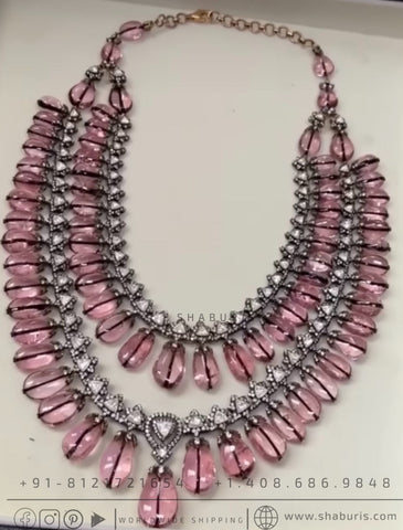 Burmese pink tourmaline and swarovski diamonds victorian diamond necklace made in silver from house of SHABURIS