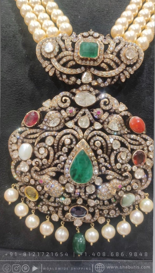 Navaratan necklace victorian coral emeralds bridal diamond necklace indian jewelry designs silver jewelry wedding jewelry - SHABURIS