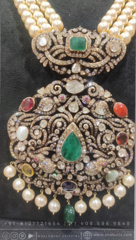Navaratan necklace victorian coral emeralds bridal diamond necklace indian jewelry designs silver jewelry wedding jewelry - SHABURIS