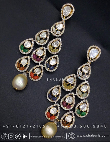Navaratan Earrings polkis Earrings rubies emeralds bridal diamond necklace indian jewelry designs silver jewelry wedding jewelry - SHABURIS