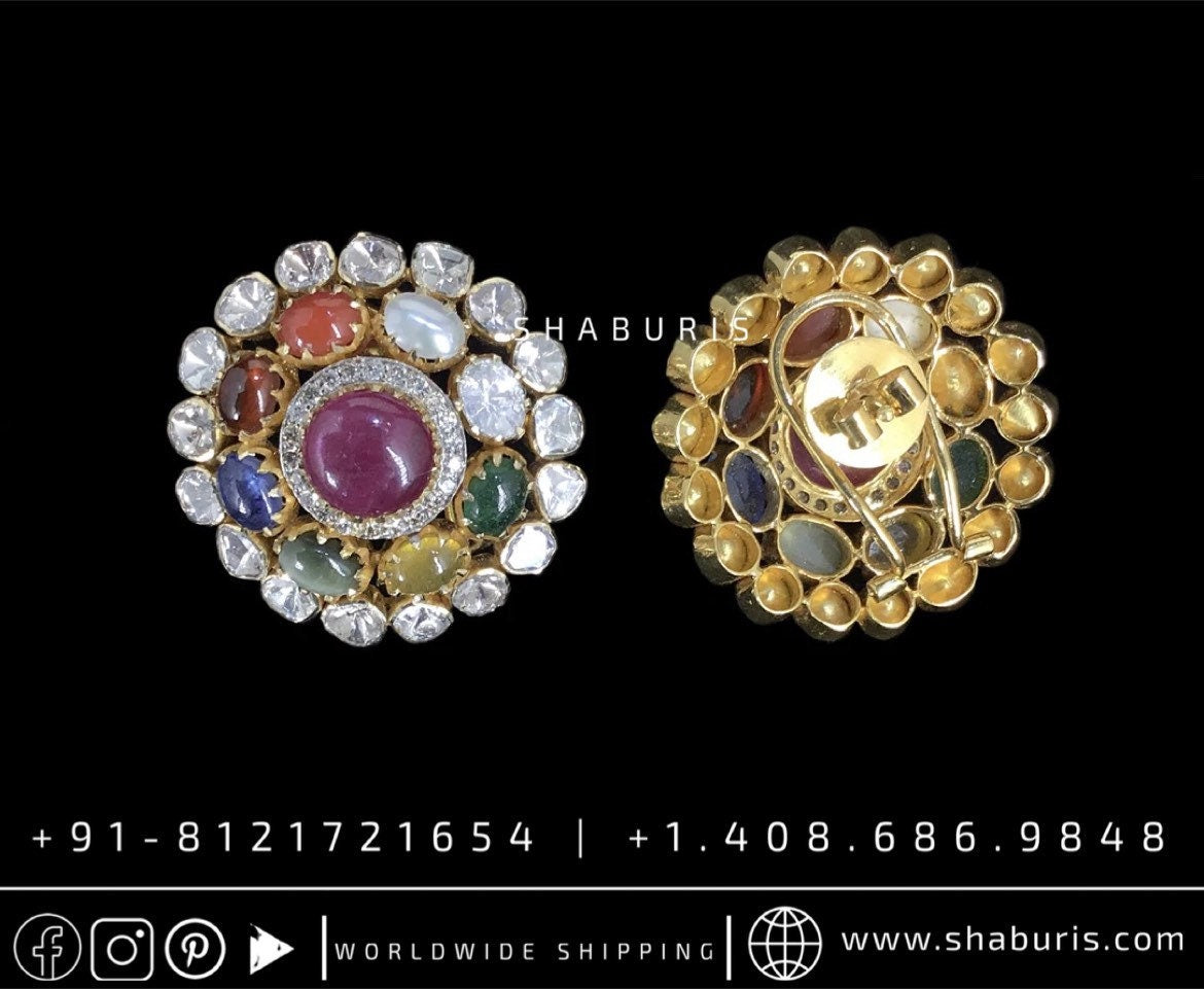 Navaratan studs navaratan earrings rubies emeralds bridal diamond necklace indian jewelry designs silver jewelry wedding jewelry - SHABURIS
