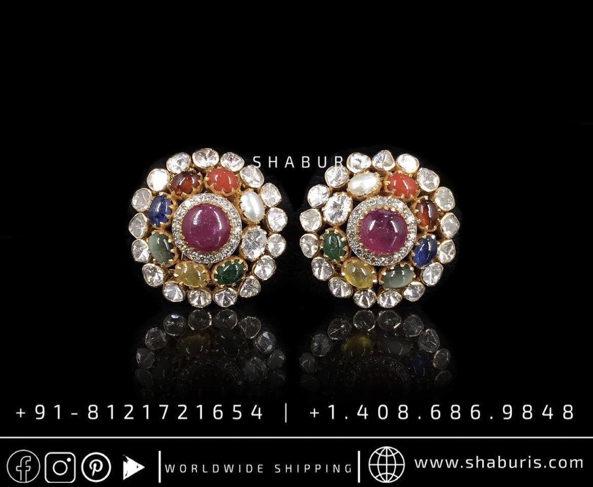 Navaratan studs navaratan earrings rubies emeralds bridal diamond necklace indian jewelry designs silver jewelry wedding jewelry - SHABURIS