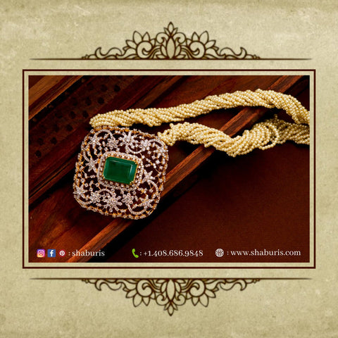 Fresh Water Pearl Necklace Swarovski Diamond Pendant Emerald Gem Stone Silver Jewelry Statement Jewelry Indian Jewelry Designs - SHABURIS