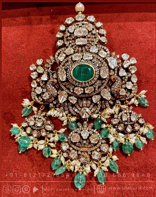 Victorian Diamond pendant gemstone jewelry polki diamond emerald necklace pure silver jewelry south indian gold jewelry sets -SHABURIS