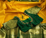 Mango Yellow & green pattu saree zari Saree handloom saree stitched blouse green saree pink saree party wear saree silk saree wedding saree