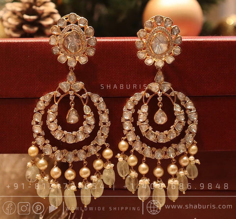 Chandbli polki jhumka,polki diamond jewelry in silver,big studs,indian jewelry,statement jewelry-SHABURIS