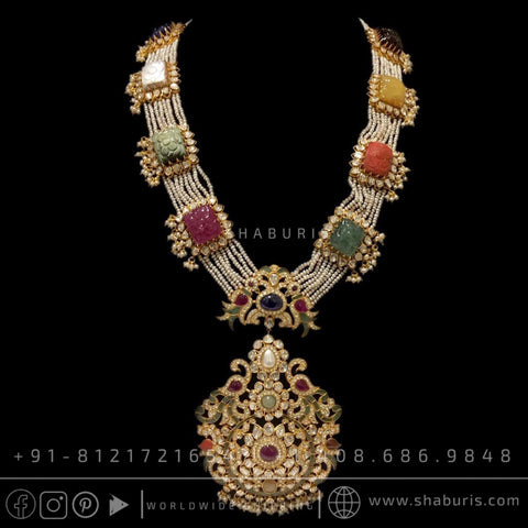 Navaratan Pearl Necklace Swarovski Diamond Pendant Emerald Gem Stone Silver Jewelry Statement Jewelry Indian Jewelry Designs - SHABURIS