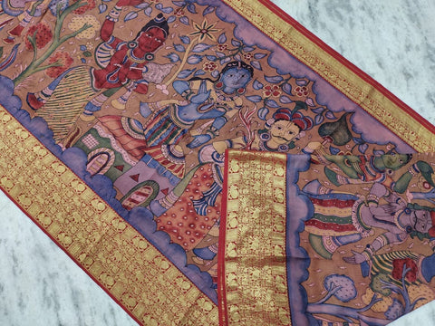Ramayana Theme pure kanchi pen kalamkari Saree in kanchi border | kanchi saree | Authentic pattu Saree | Handloom Saree | pattu saree - MTO