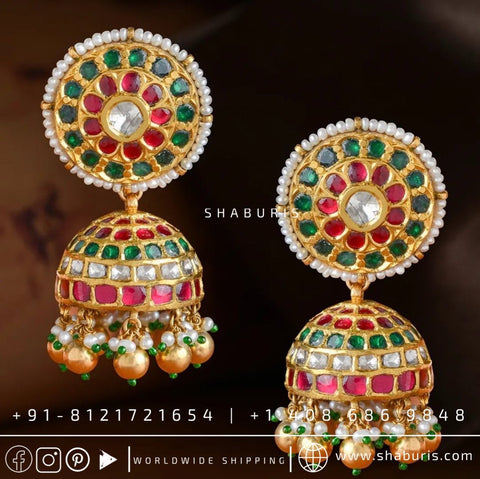 Antique Jhumka Pota kundan jhumka Ruby earrings emerald earrings wedding jewelry south indian jewelry silver jewelry indian bridal -SHABURIS