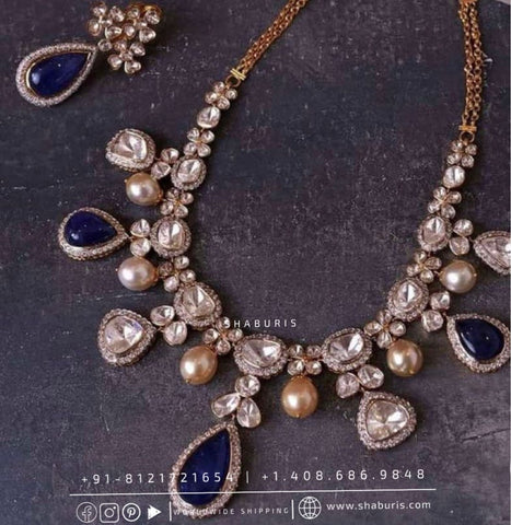 Blue saphire Diamond Choker Pure Silver jewelry Indian ,diamond Necklace,Indian Necklace,Indian Bridal,Indian Wedding Jewelry--SHABURIS
