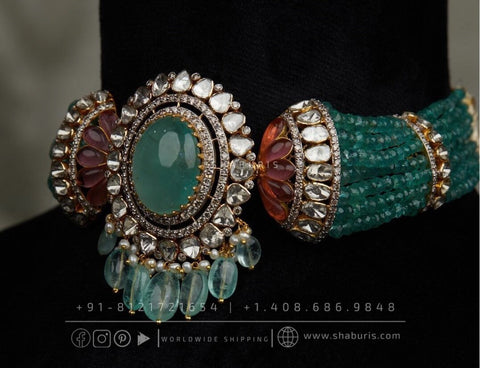 Emerald ruby Pearl Necklace Swarovski Diamond Pendant Emerald Gem Stone Silver Jewelry Statement Jewelry Indian Jewelry Designs - SHABURIS