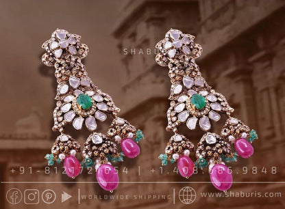 Victorian earrings,polki stud,polki diamond jewelry in silver,big studs,indian jewelry,statement jewelry-SHABURIS