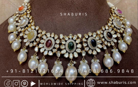 Navaratan Necklace Diamond Necklace Wedding Jewelry Statement Jewelry Indian Jewelry Designs silver jewelry bridal jewelry- SHABURIS