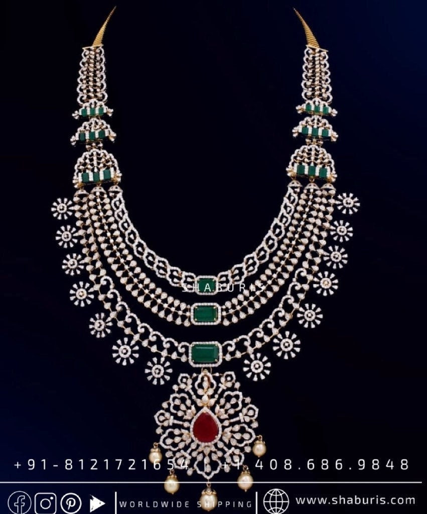 Layered Diamond Necklace Silver Jewelry Indian Wedding Jewelry Indian Diamond Jewelry Bridal Necklace South Indian Jewelry Rjasthani Jewelry