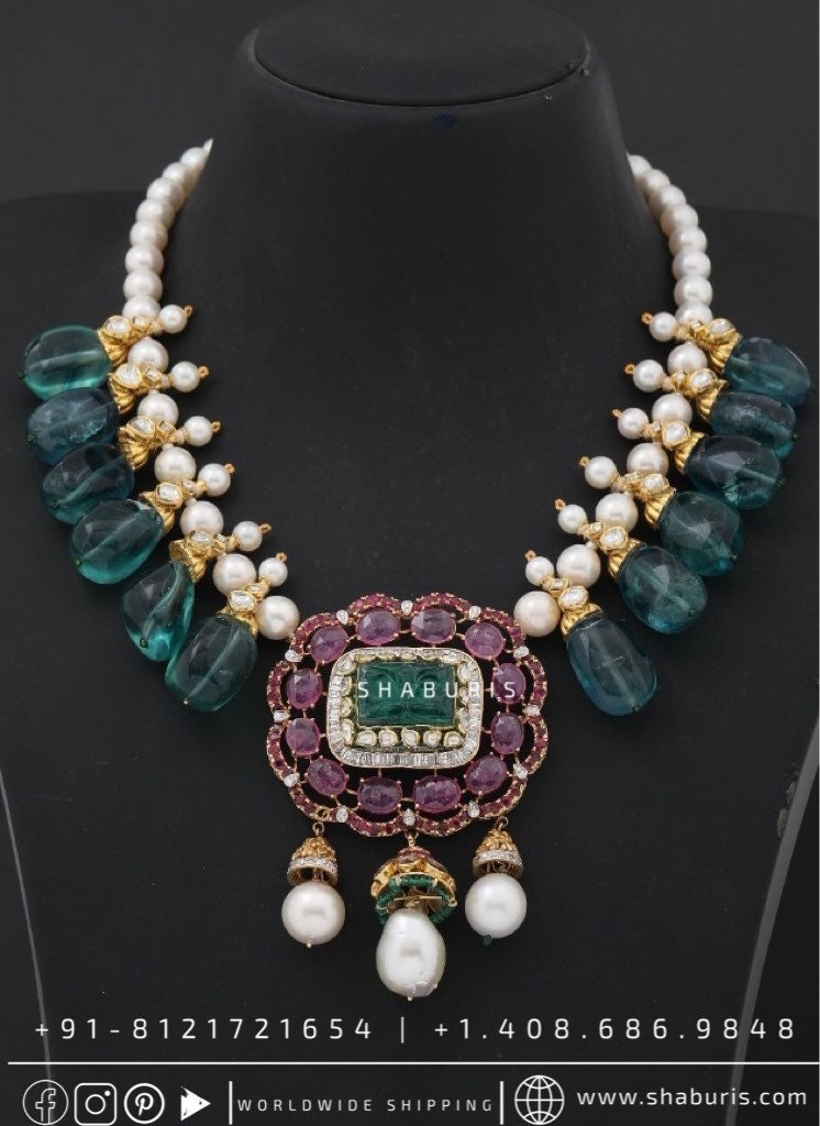Zambian Emerald uncut diamonds pearls rubies diamond necklace silver jewelry 925 silver jewelry statement jewelry bridal jewelry - SHABURIS
