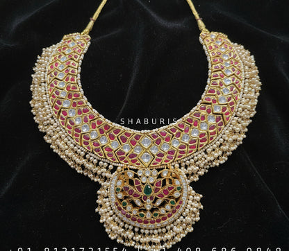 Kundan Necklace silver jewelry indian wedding jewelry indian bridal jewelry south indian wedding necklace gem stones beads - SHABURIS
