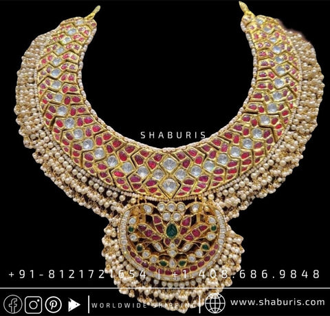 Kundan Necklace silver jewelry indian wedding jewelry indian bridal jewelry south indian wedding necklace gem stones beads - SHABURIS