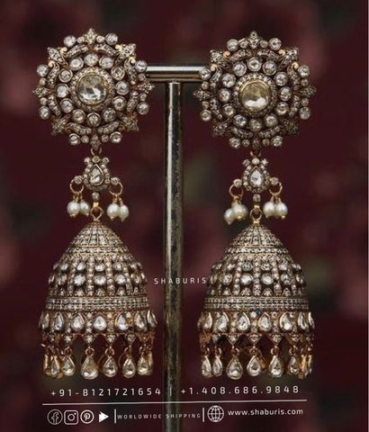 Victorian earrings,polki stud,polki diamond jewelry in silver,big studs,indian jewelry,statement jewelry-SHABURIS