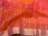 Chanderi silk saree Orange saree Green Blouse mirror work blouse hand work blouse lyte weight silk saree Ethnic saree festive saree