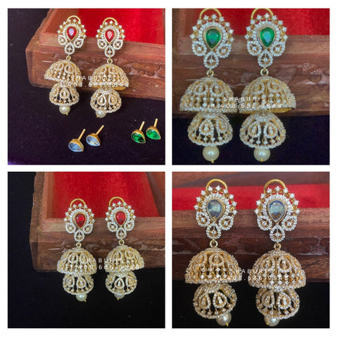 Diamond Jhumka ,diamond earrings,Pure silver Jhumkas Indian,Indian Earrings,Indian Wedding Jewelry -3 in 1 -SHABURIS