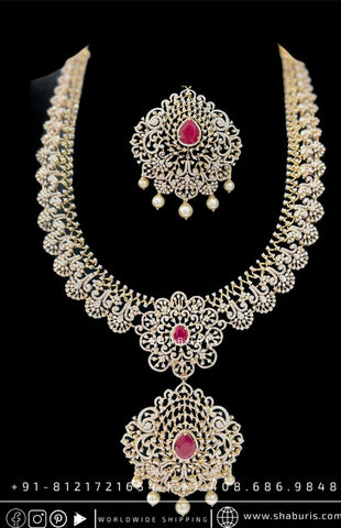 Diamond necklace,South Indian Jewelry,diamond chokerbridal choker,Indian Wedding Jewelry,pure Silver indian jewelry - NIHIRA - SHABURIS