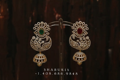 Diamond Jhumka ,diamond earrings,Pure silver Jhumkas Indian,Indian Earrings,Indian Wedding Jewelry -NIHIRA-SHABURIS