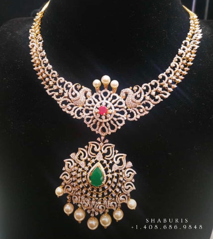 Diamond Necklace Pure Silver jewelry Indian ,diamond Necklace,Indian Necklace,Indian Bridal,Indian Wedding Jewelry-NIHIRA-SHABURIS