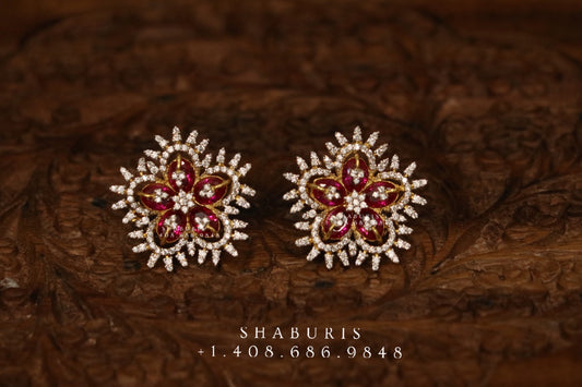 Ruby studs ,diamond earrings,Pure silver Jhumkas Indian,Indian Earrings,Indian Wedding Jewelry -NIHIRA-SHABURIS