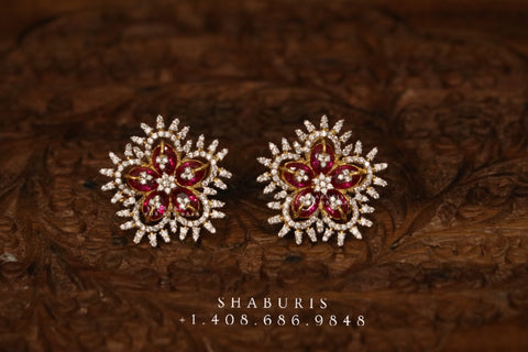 Ruby studs ,diamond earrings,Pure silver Jhumkas Indian,Indian Earrings,Indian Wedding Jewelry -NIHIRA-SHABURIS