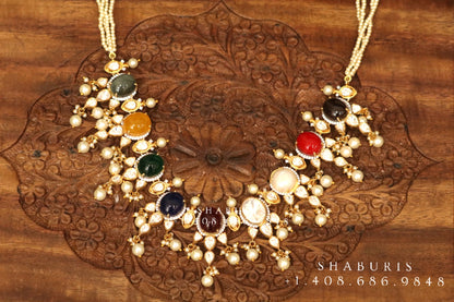 Navaratan Necklace ,Pure Silver Jewellery Indian ,polki Necklace,Big Indian Necklace,Indian Bridal,Indian Wedding Jewelry-NIHIRA-SHABURIS