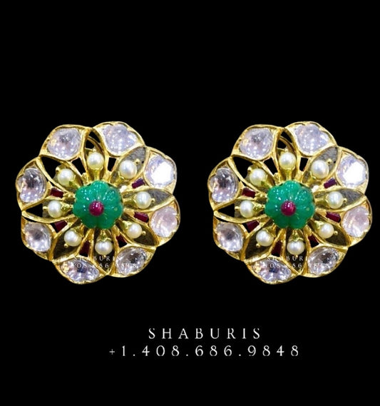 polki jewelry polki diamond earrings,Pure Silver Jewellery Indian ,Emerald Studs,Big Indian studs,Earrings ,Indian Bridal,Pakistani Jewelry-NIHIRA-SHABURIS