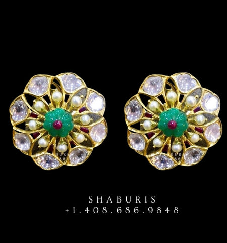 polki jewelry polki diamond earrings,Pure Silver Jewellery Indian ,Emerald Studs,Big Indian studs,Earrings ,Indian Bridal,Pakistani Jewelry-NIHIRA-SHABURIS