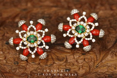Coral studs ,diamond earrings,Pure silver Jhumkas Indian,Indian Earrings,Indian Wedding Jewelry -NIHIRA-SHABURIS