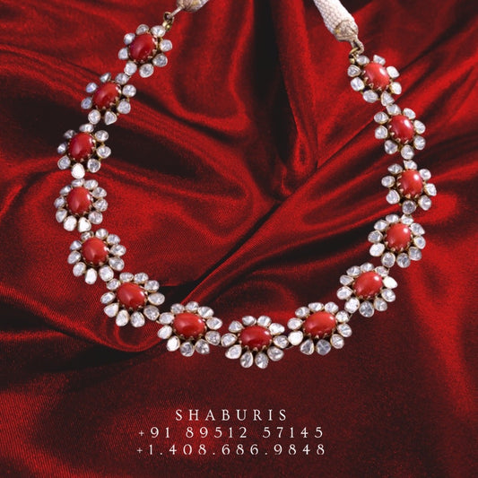 Coral choker polki necklace polki jewelry, diamond set,Swarovski diamond,Indian diamond necklace silver,diamond set for kids,kids jewelry,Indian jewelry