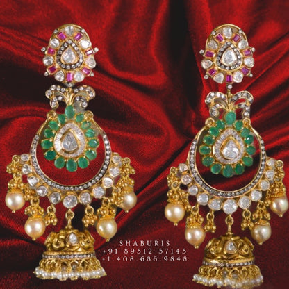Diamond Jhumka Polki Earrings Diamond Earrings Polki Studs Big Studs Cocktail earrings 925 Silver Jewelry Silver Earrings - SHABURIS