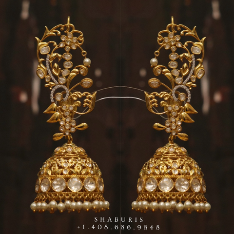 Antique Jhumka ,polki earrings,Pure silver Jhumkas Indian,Indian Earrings,Indian Wedding Jewelry -NIHIRA-SHABURIS